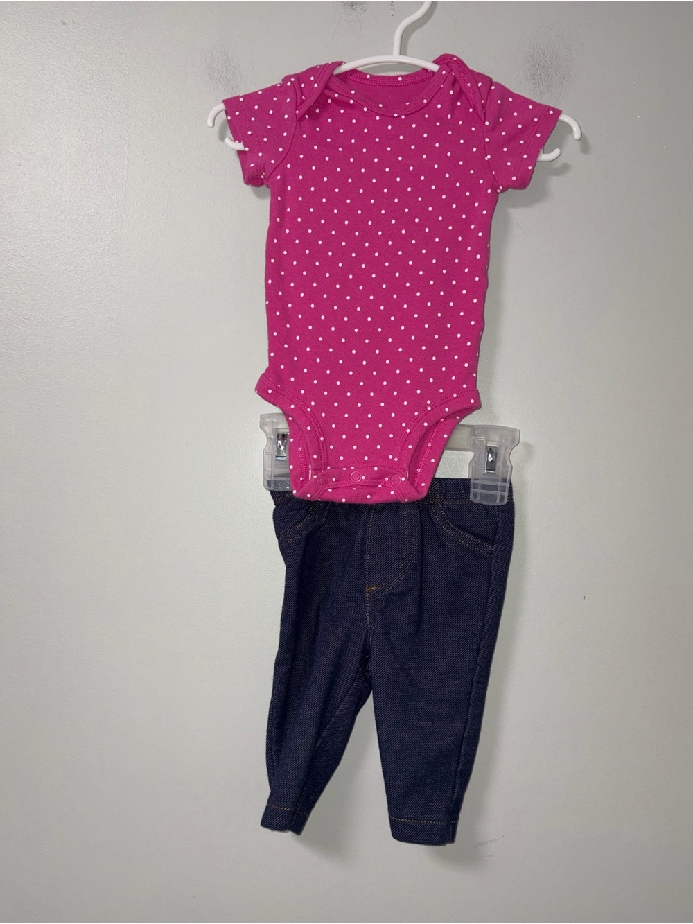 Carters Pink Polka Dot Body Suit & Navy Pants Set 0-3M Girls